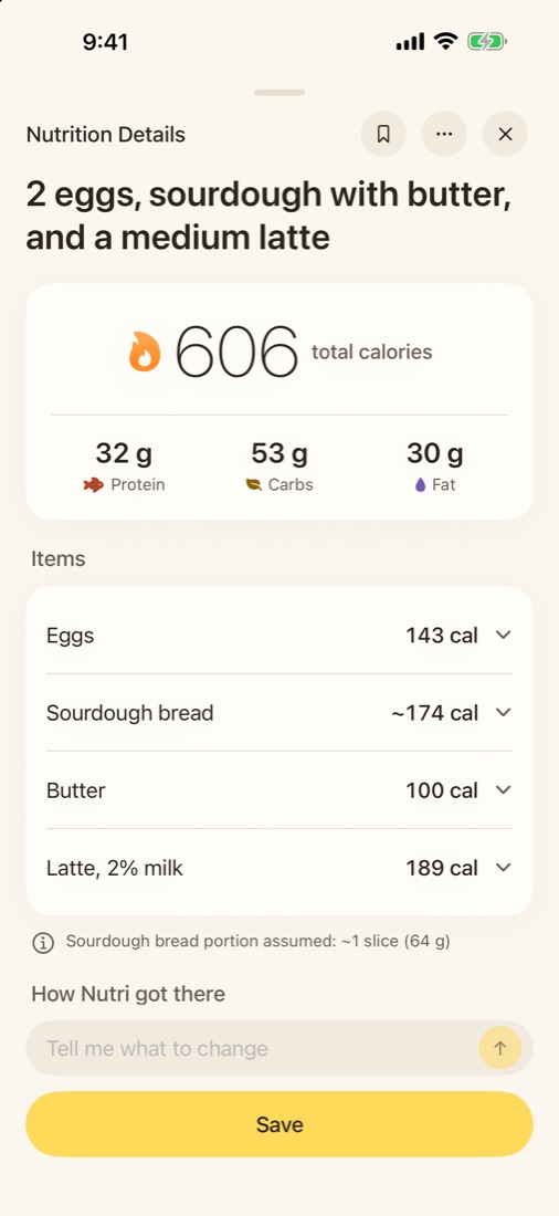 Nutri nutrition sheet showing 606 calories, macros and food items